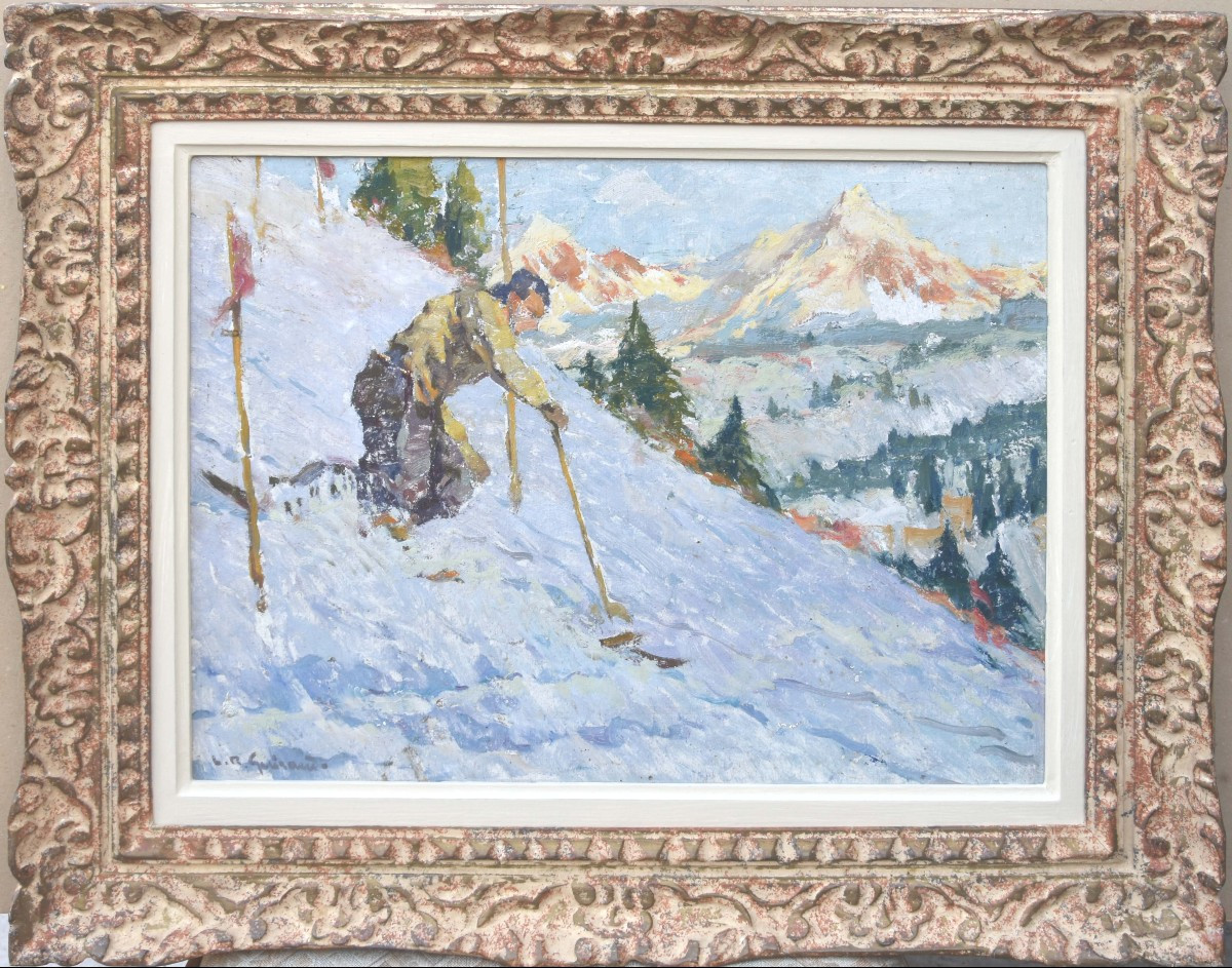 Raoul Guiraud "the Skier In The Mountains" Oil On Panel 33x41